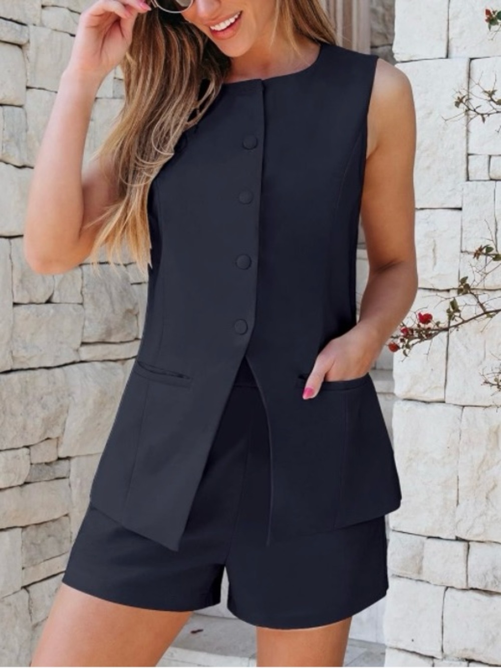 🎉Stylish Navy Sleeveless Button Front Top with Matching Shorts Set